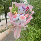 Genuine My Melody Kuromi Cinnamoroll Hellokitty Plush Dolls With Crochet Flowers Creative Handmade Sanrio Bouquet Gifts For Girl