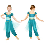 Girls Arabian Princess Costume Belly Dance Jumpsuit Shiny Sequin Tulle Overlay Satin Bodysuit for Halloween Theme Party Carnival