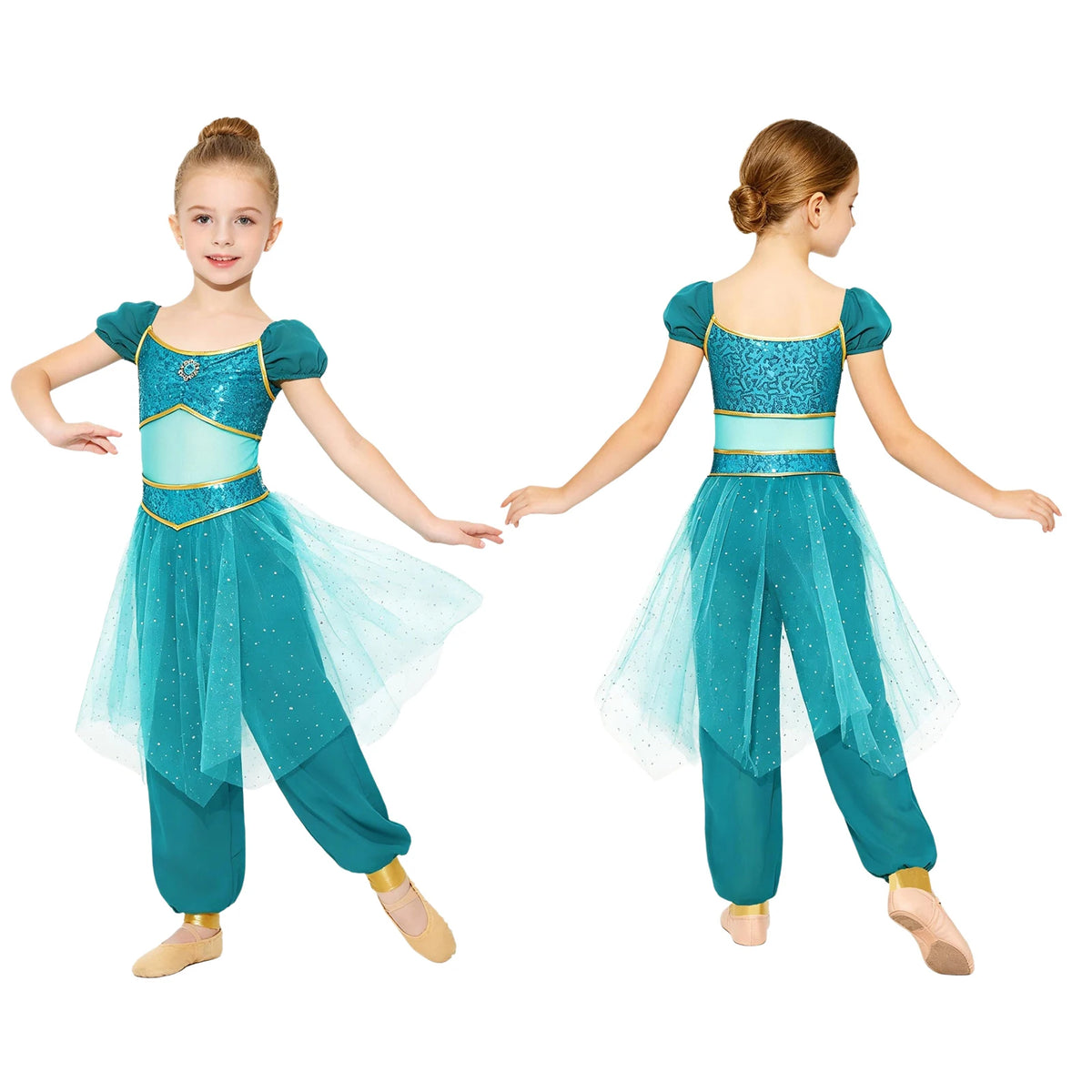 Girls Arabian Princess Costume Belly Dance Jumpsuit Shiny Sequin Tulle Overlay Satin Bodysuit for Halloween Theme Party Carnival