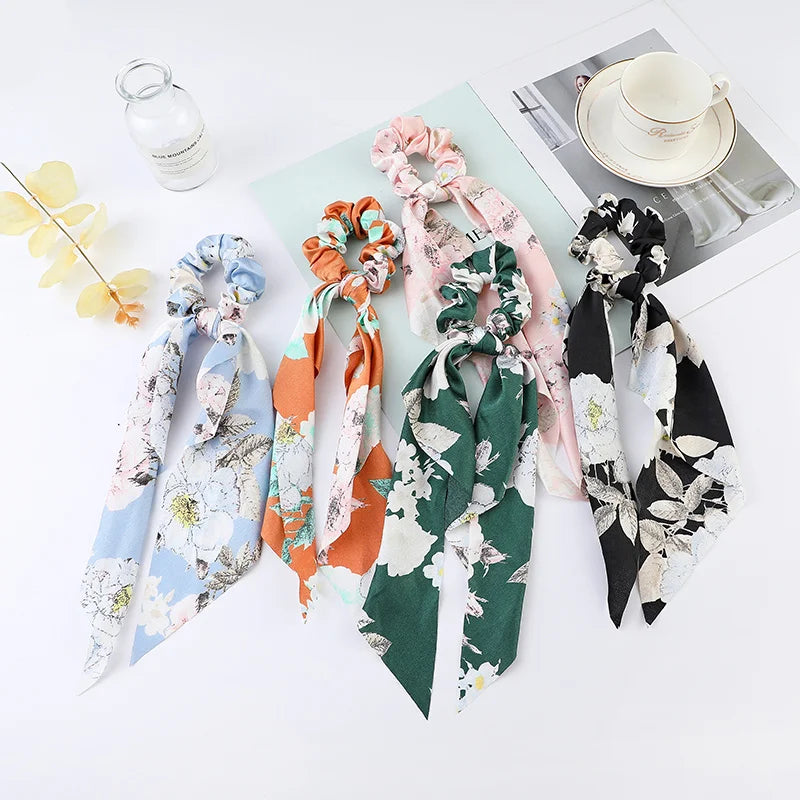 Floral Satin Bow Scrunchie with Long Ribbon Scarf