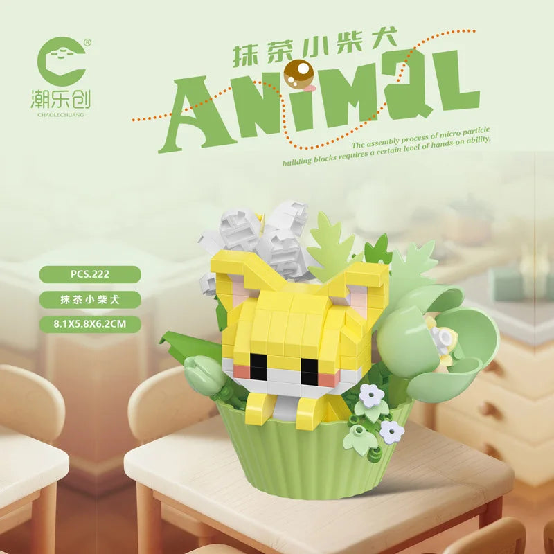 Cute Dessert Small Animals Potted Bouquet Cartoon Doll Panda Puppy Building Block Ornament Children Toys Gift