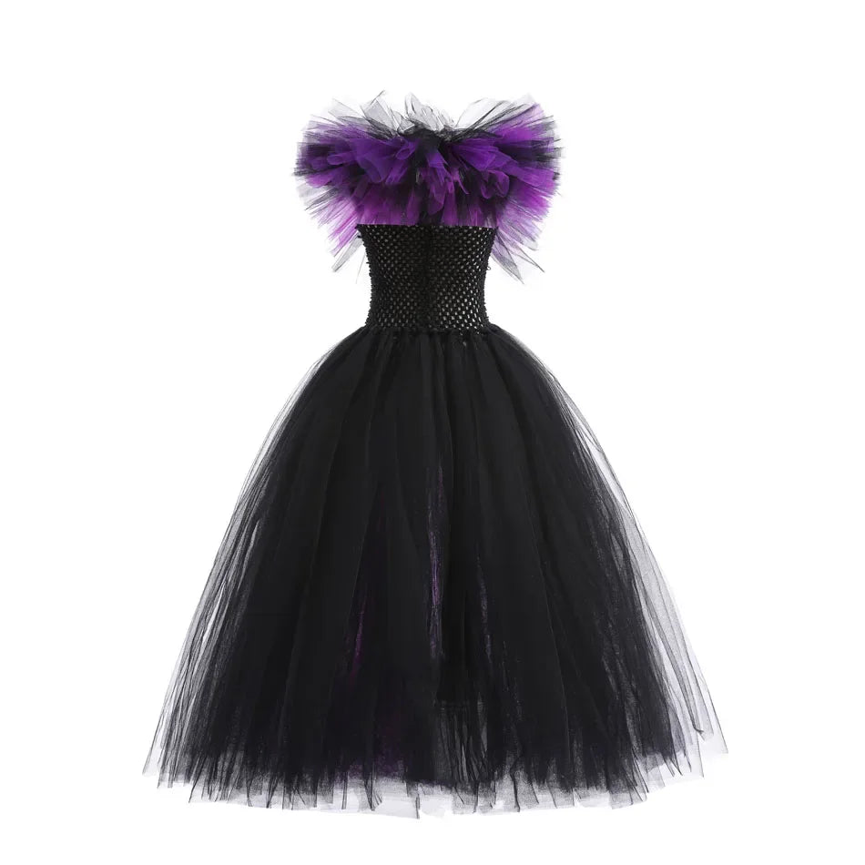 Children Cosplay Apparel for Halloween 2025 Maleficent Costume Tutu Dress Girl Evil Queen Disguise Witch Gown Villain Costume