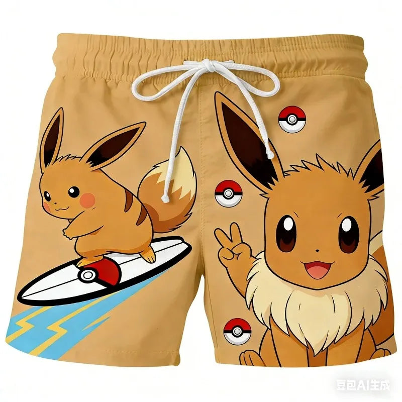 Pokemon Anime Beach Shorts for Men – 3D Printed Summer Trunks