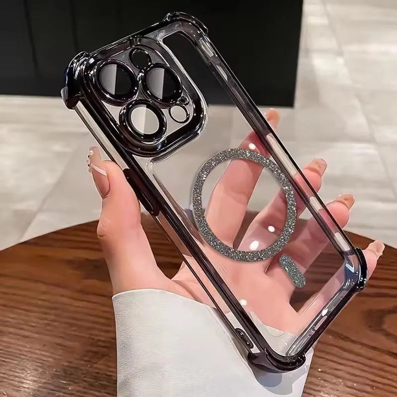 Transparent Plating Shockproof Glitter Magnetic Phone Case For iPhone 18 17 15 16 14 11 12 13 Pro Max Plus Air For Magsafe Cover