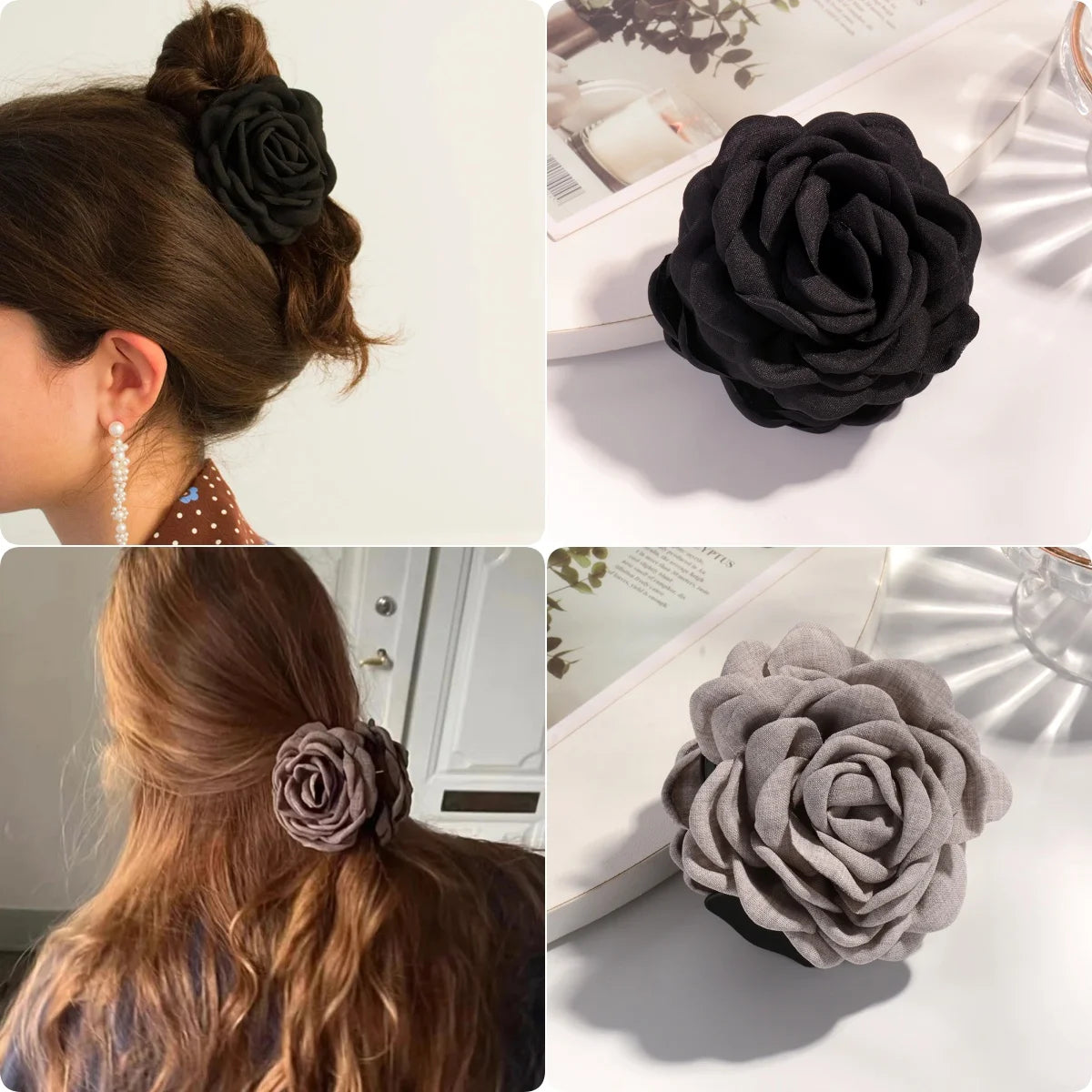 Cotton Rose Flower Hair Claw Clip – Medium Shark Clamp