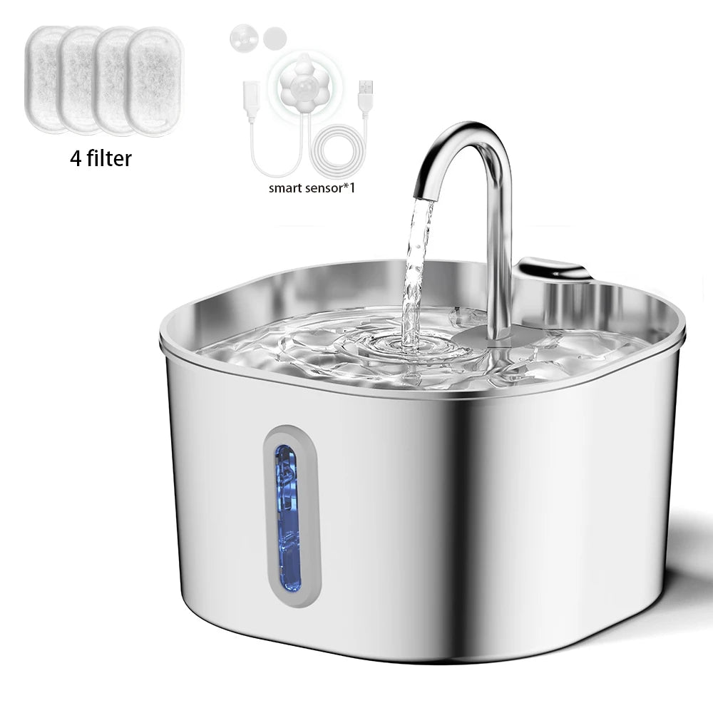 2.2L Automatic Cat Fountain Stainless Steel Pet Water Dispenser Silent Water Pump Circulation Filtering Visual Window