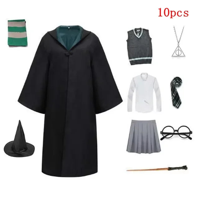 Harri Potters Adult&Children Cosplay Costume Gryffindors Shirt Gown Cloak Tie Scarf Wand Slytherin Skirt Halloween Hermione Gift
