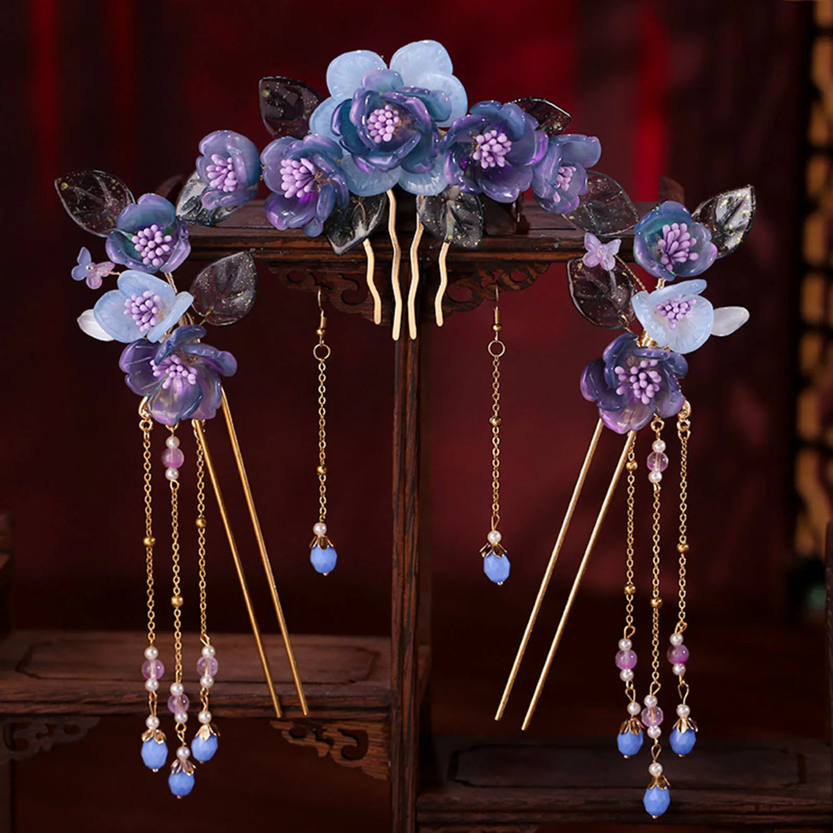 Chinese Hanfu Hair Stick Hairpin Earrings Hair Accessories Set Long Fringed Vintage Hairpin Flower Handmade Wedding Hair Jewelry