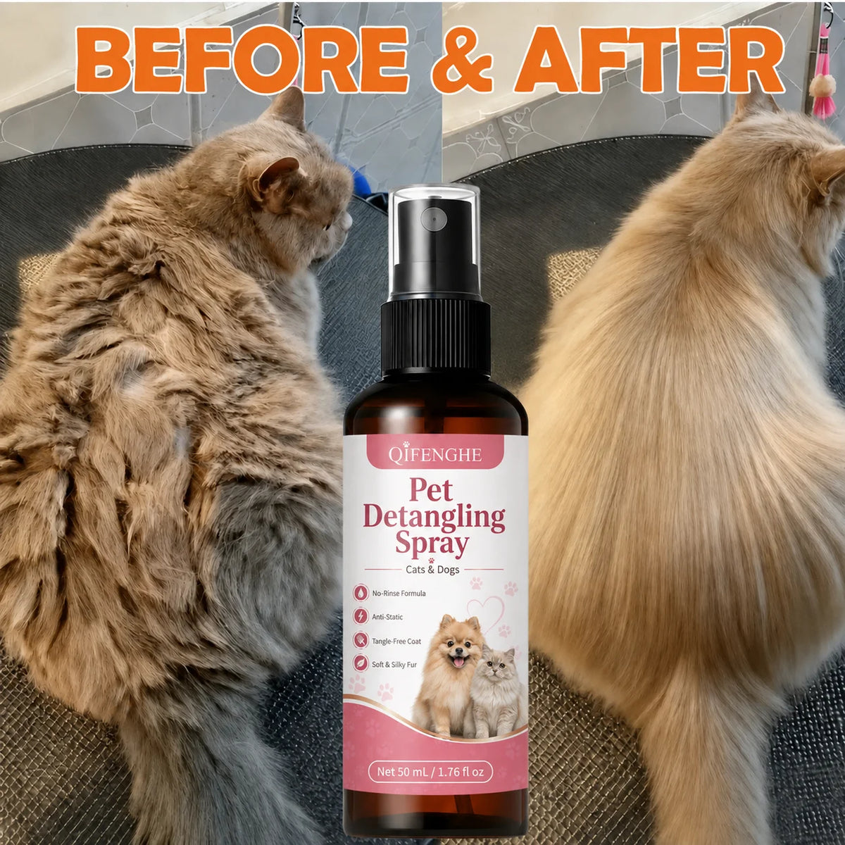 No Rinse Pet Detangler Spray for Long Hair Dogs Cats Removes Mats Knots Reduces Static Softens Fur Daily Grooming Care 50ml
