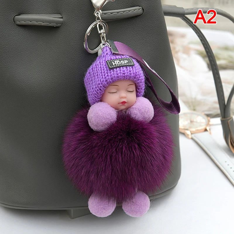 Sleeping Baby Pompom Plush Keychain Cute Fluffy Bag Charm