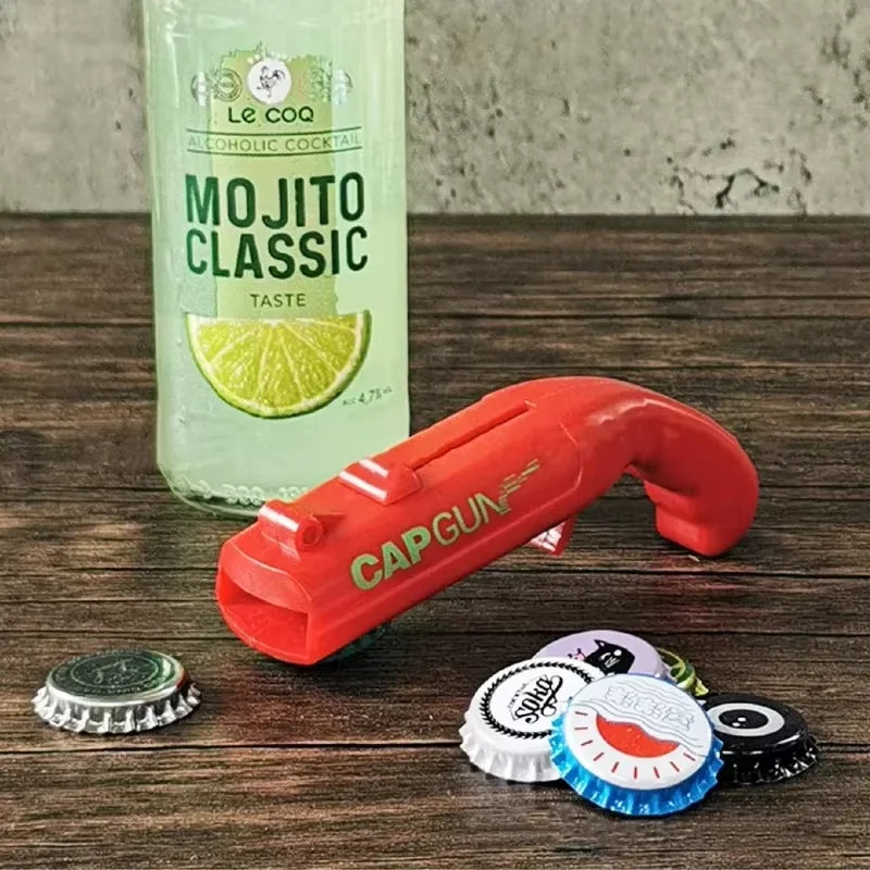 Portable Cap Gun Bottle Opener – Creative Flying Cap Launcher Bar Tool