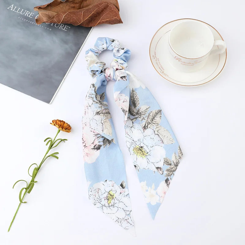 Floral Satin Bow Scrunchie with Long Ribbon Scarf