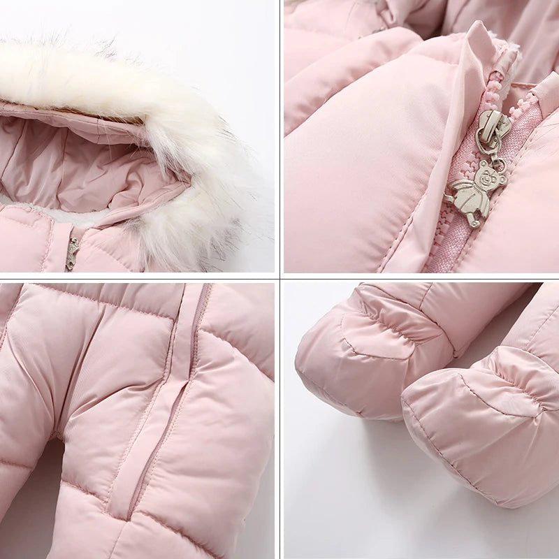 2024 New Winter Baby Rompers Thick Warm Infant Hooded Inside Fleece Jumpsuit Newborn Boy Girl Overalls Toddler Clothing Set