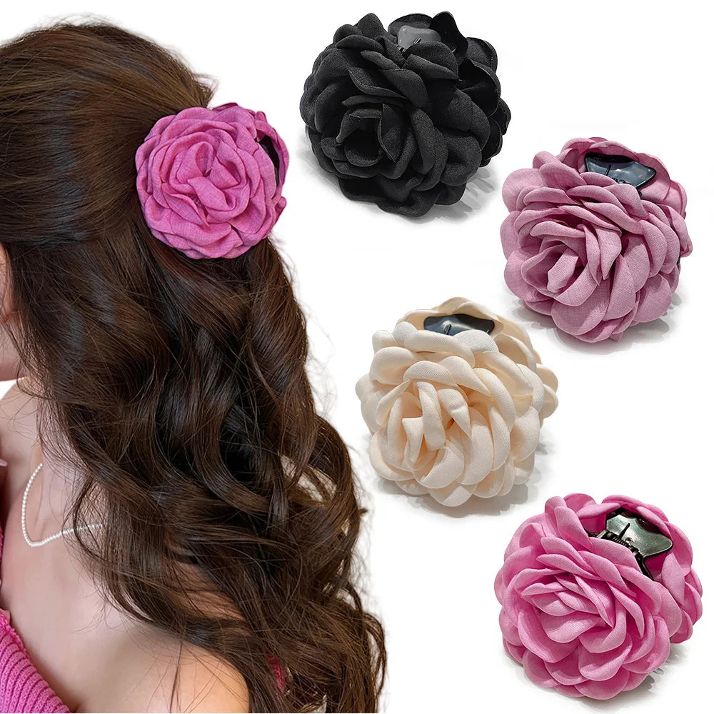 Cotton Rose Flower Hair Claw Clip – Medium Shark Clamp