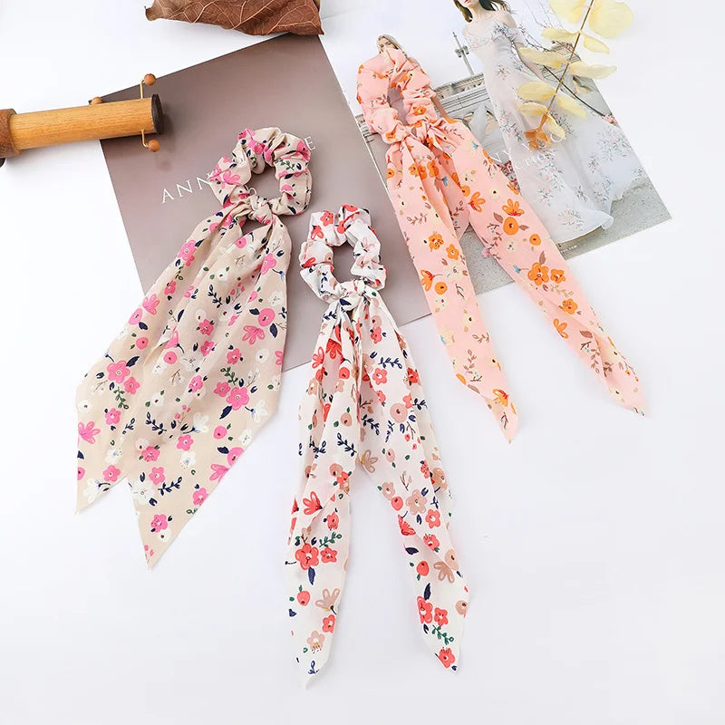 Floral Satin Bow Scrunchie with Long Ribbon Scarf