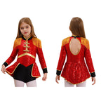 Girls Shiny Sequins Circus Ringmaster Magician Drummer Costume Lion Tamer Long Sleeve Fringe Epaulet Bodysuit for Halloween