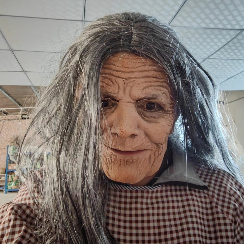 Realistic Granny Old Woman Latex Mask Moving Mouth Soft Rubber Grandma Masque with Grey Hair for Halloween Costume Accessories
