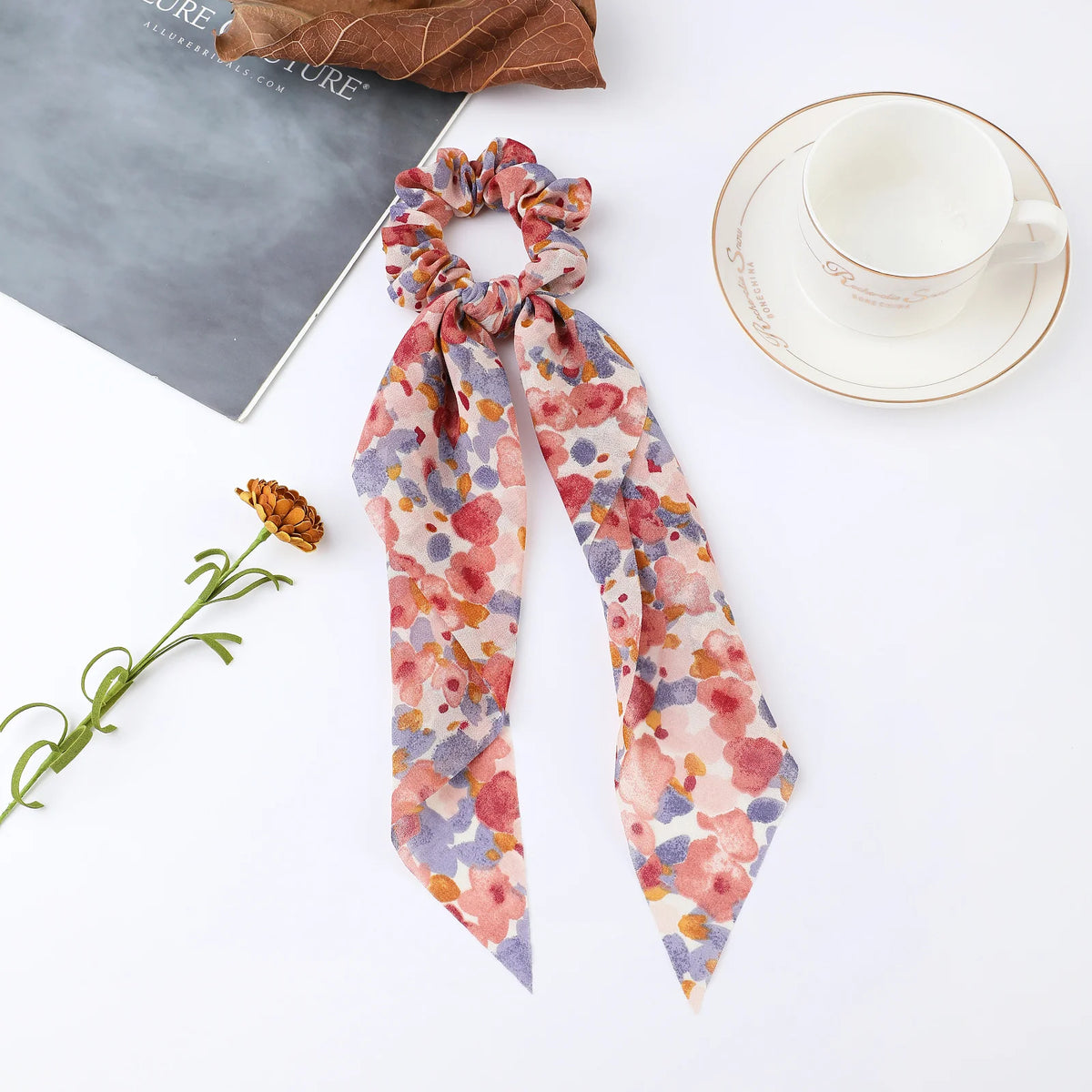 Floral Satin Bow Scrunchie with Long Ribbon Scarf