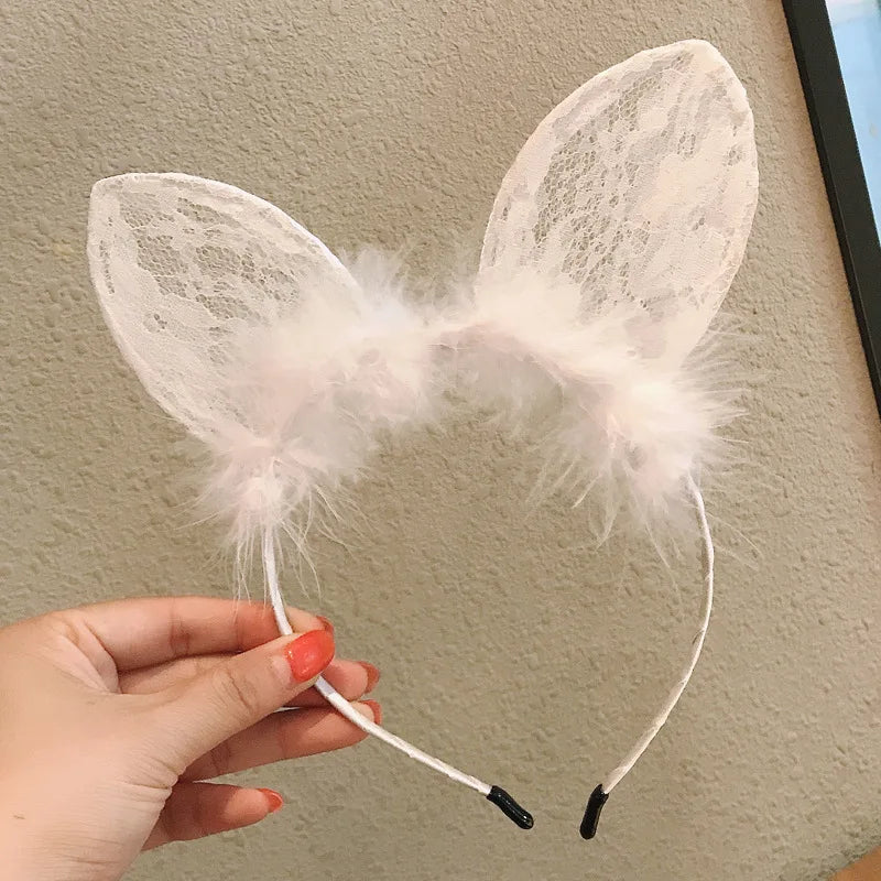 Plush Lace Cat Ears Bell Headband for Women