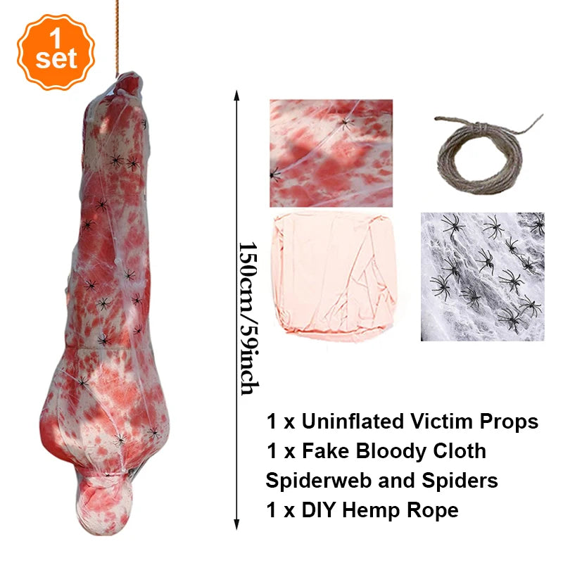 Horror Halloween Outdoor Decoration 59inch Creepy Corpse Props Set Scary Fake Bloody Body Bag Haunted House Hanging Decorations