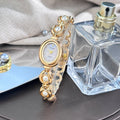 Ladies' Silky Texture Oval Alloy Case Set with Movable Fine Bead Bracelet Sun Print Rhinestone Dial Elegant Lady Quartz Watch