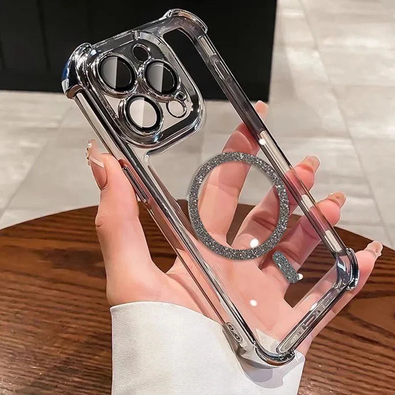 Transparent Plating Shockproof Glitter Magnetic Phone Case For iPhone 18 17 15 16 14 11 12 13 Pro Max Plus Air For Magsafe Cover