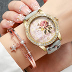 2/3/4/5PCS Fashion Rhinestone Women's Watch Flowers Printed Leather Band Female Quartz Watches Bracelets Set（Without Box）