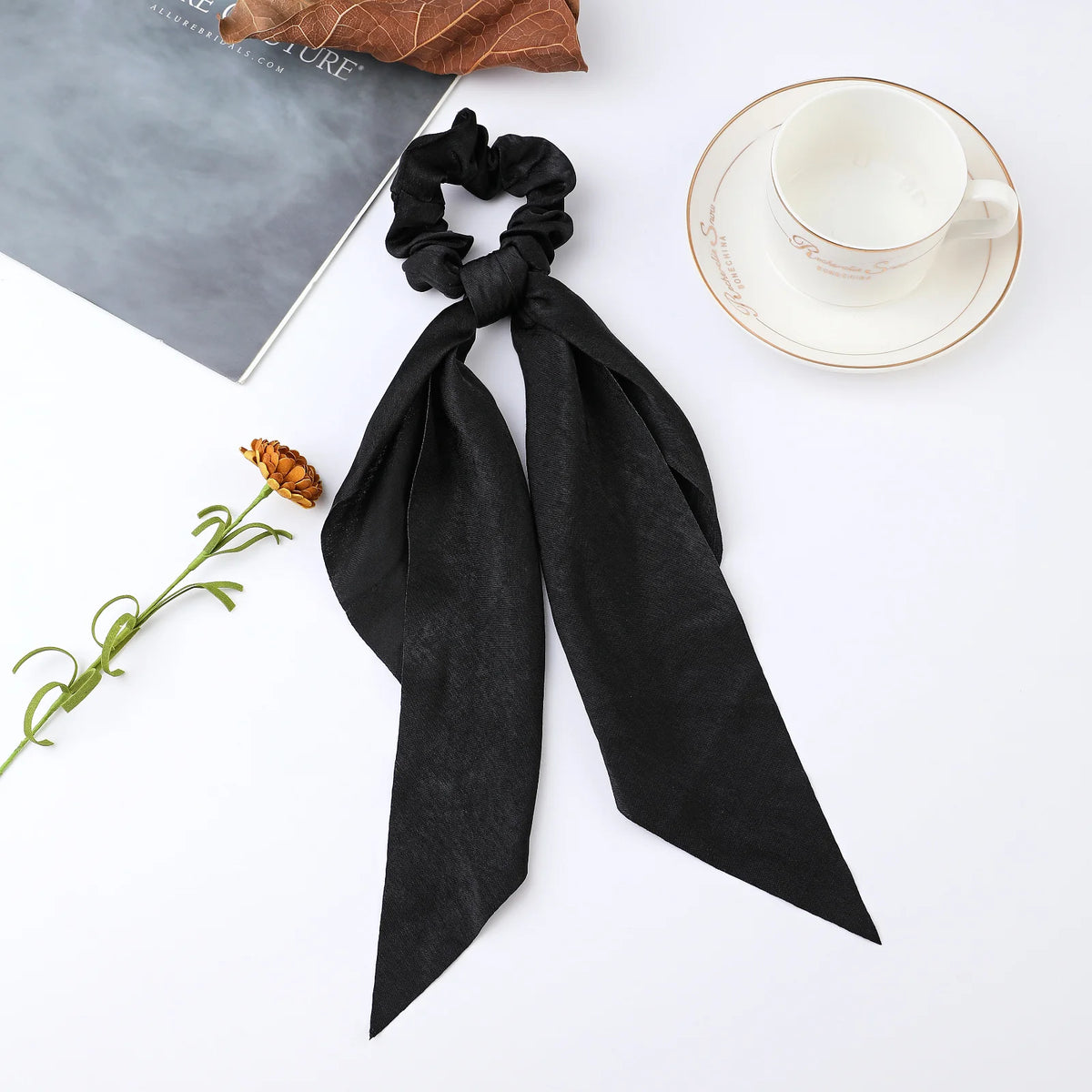 Floral Satin Bow Scrunchie with Long Ribbon Scarf
