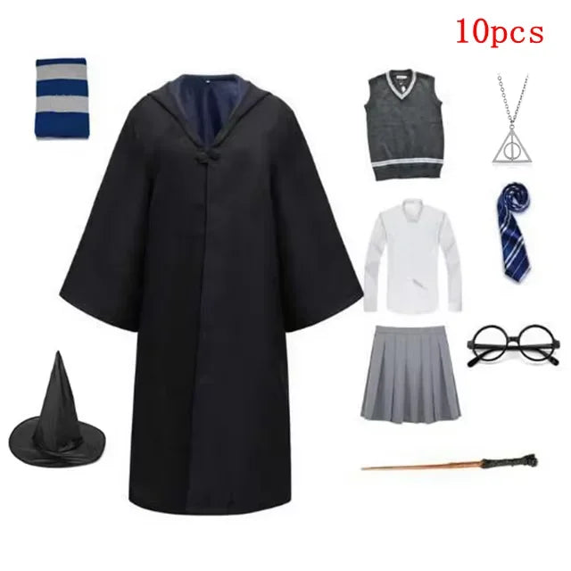 Harri Potters Adult&Children Cosplay Costume Gryffindors Shirt Gown Cloak Tie Scarf Wand Slytherin Skirt Halloween Hermione Gift