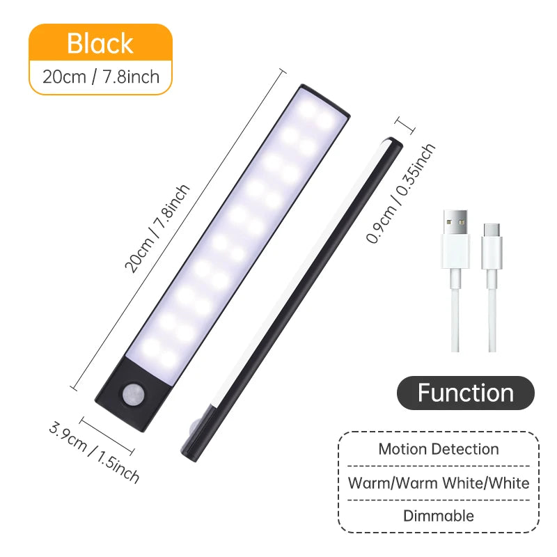 Night Light 20/30/40/60CM Motion Sensor Light Wireless USB LED Cabinet Light Wardrobe Lamp For Kitchen Cabinet Bedroom Wardrobe
