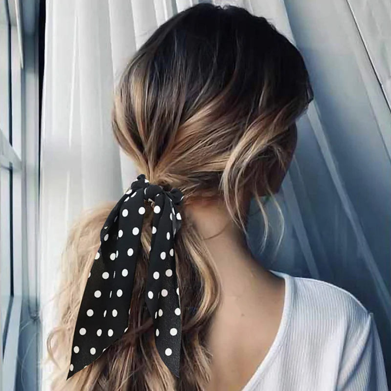 Floral Satin Bow Scrunchie with Long Ribbon Scarf