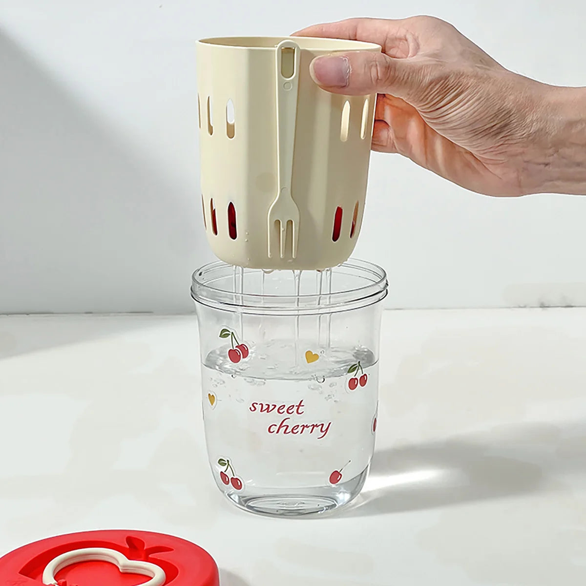 WORTHBUY Double Wall Salad Cup Portable Leak Proof Oat Container With Fork&Handle Drain Fruit Cup Cute Breakfast Cup For Student