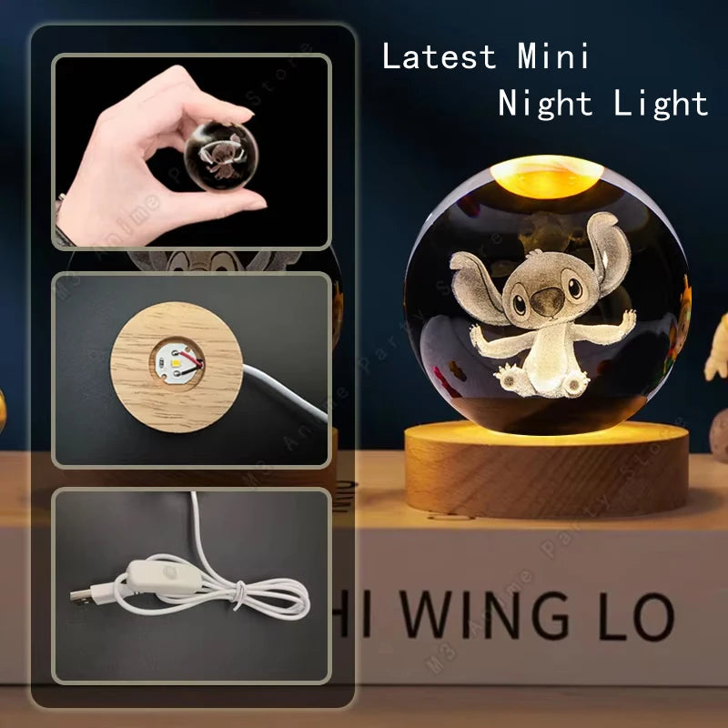 5cm Lilo and Stitch Disney Unique 3D Crystal Ball Lamp LED Luminous Crystal Ball Night Light Glass Birthday Gifts Toy