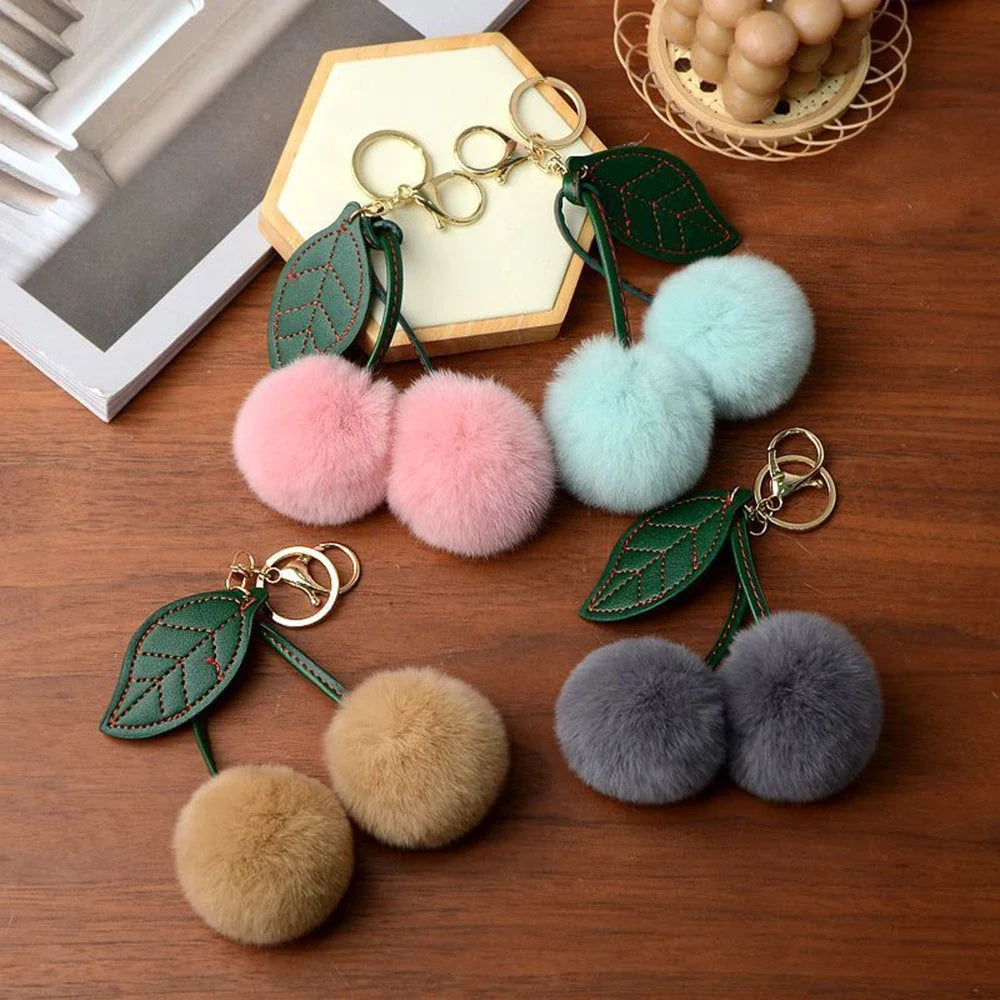 Cute Fluffy Cherry Fur Ball Keychain Bag Pendant Charm