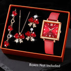 5/6 PCS/Set Red Women's Watch With Minimalist Elements Dial Quartz Watch Latex Strap Cherry Elements Jewelry Set Girl's Gift