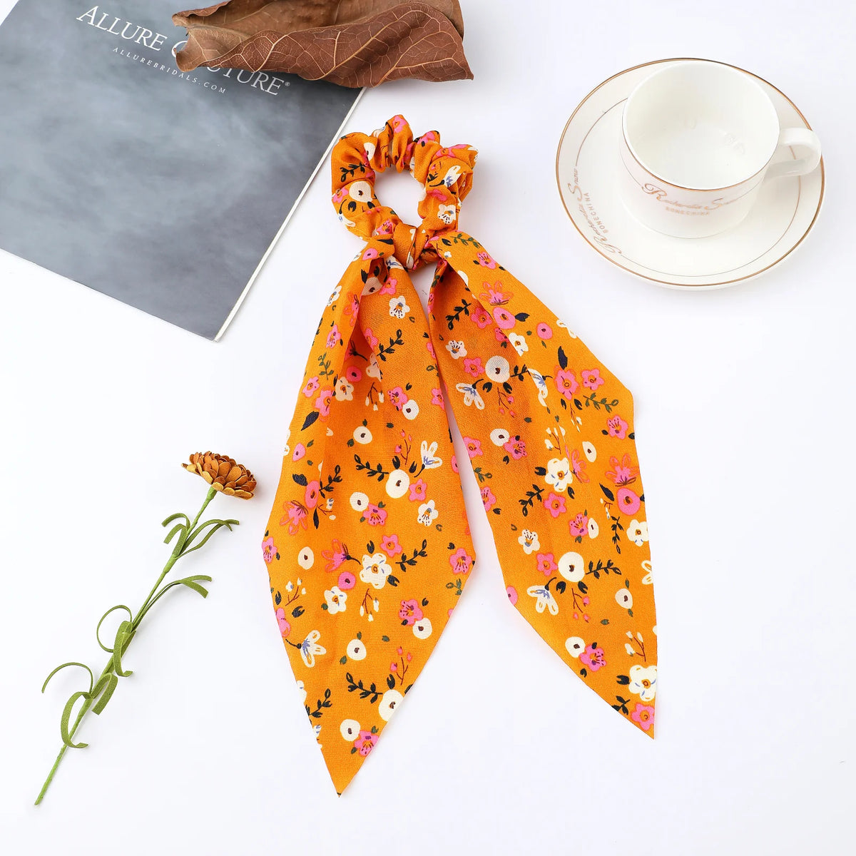 Floral Satin Bow Scrunchie with Long Ribbon Scarf