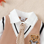 Baby Boy Small Gentleman Jumpsuit Cartoon Teddy Bear Long Sleeves Jumpsuit for 0-18 Month Baby Boys' Birthday Party Costumes