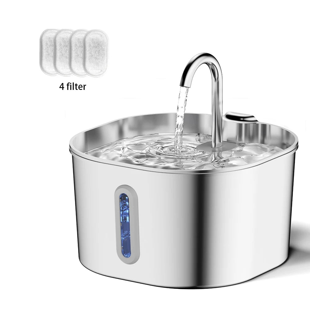 2.2L Automatic Cat Fountain Stainless Steel Pet Water Dispenser Silent Water Pump Circulation Filtering Visual Window