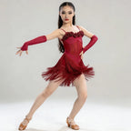 Ballroom Latin Dress Girls American Dance Rumba Cha Cha Line Samba Tango Costume Competition Practice Wear Kids Fringe Tassle