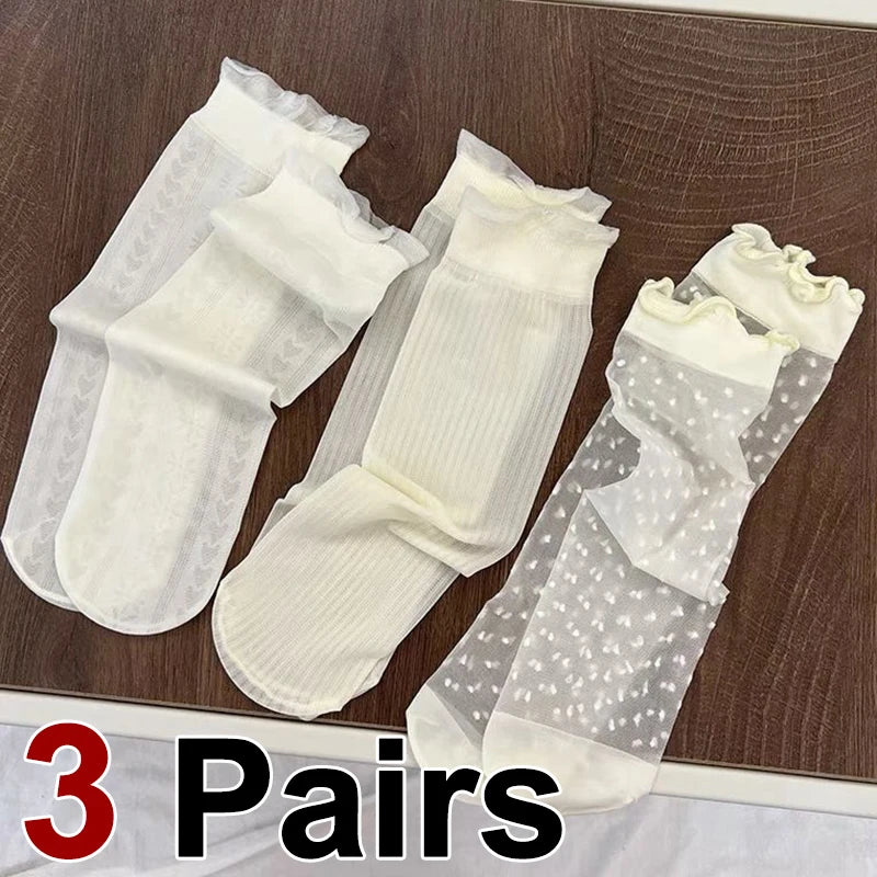 3 Pair Summer Ultra-Thin Lace Mid Tube Socks Breathable Comfortable Fashionable Sweet Lace Lolita Style Pleated Side Casual Sock