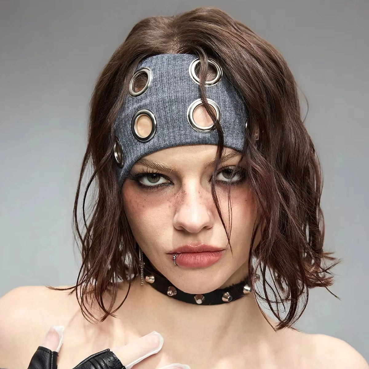 Punk Wide Elastic Eyelet Headband for Women