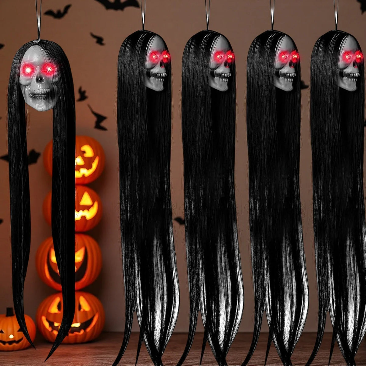 Halloween Hanging Ghost Skull with Long Hair Glowing Eyes Terror Skull Ghost House Head Skeleton Props 2024 Halloween Decoration